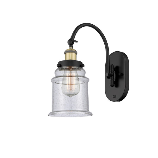 Innovations Canton 1-Light 6.5in Swing Arm Wall Sconce | Industrial Black Antique Brass Steel and Seedy Glass | Bedroom & | Model 918-1W-BAB-G184-LED