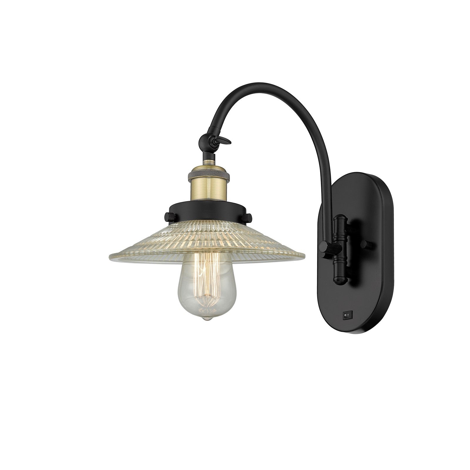 Innovations Halophane 9in 1-Light Swing Arm Wall Sconce | Industrial Black Antique Brass and Clear Halophane Glass | Bedroom Reading | Model 918-1W-BAB-G2