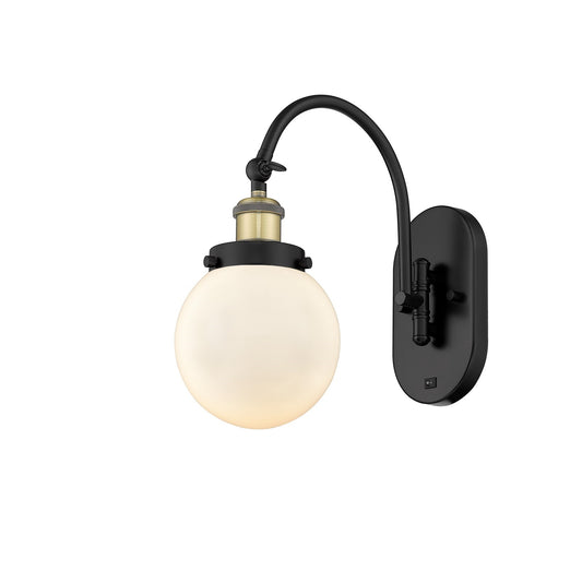 Innovations Beacon 6in 1-Light LED Swing Arm Wall Sconce | Industrial Black Antique Brass and Matte White Glass | Bedroom | Model 918-1W-BAB-G201-6-LED