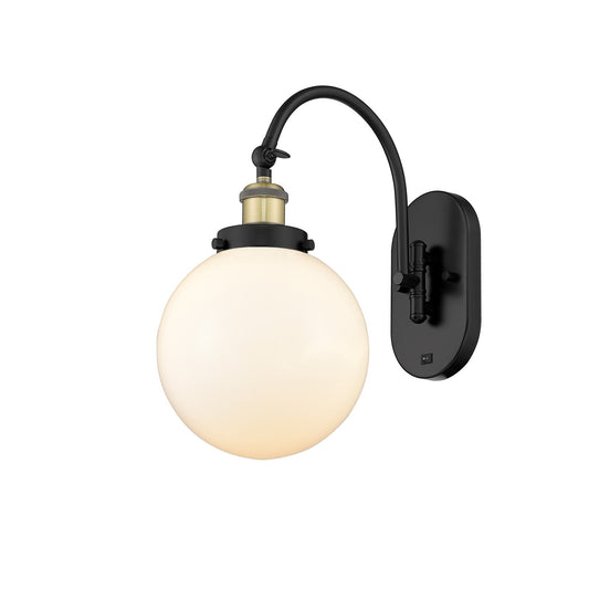 Innovations Beacon 8in 1-Light Swing Arm Wall Sconce | Industrial Black Antique Brass and Matte White Glass | Bedroom Reading | Model 918-1W-BAB-G201-8