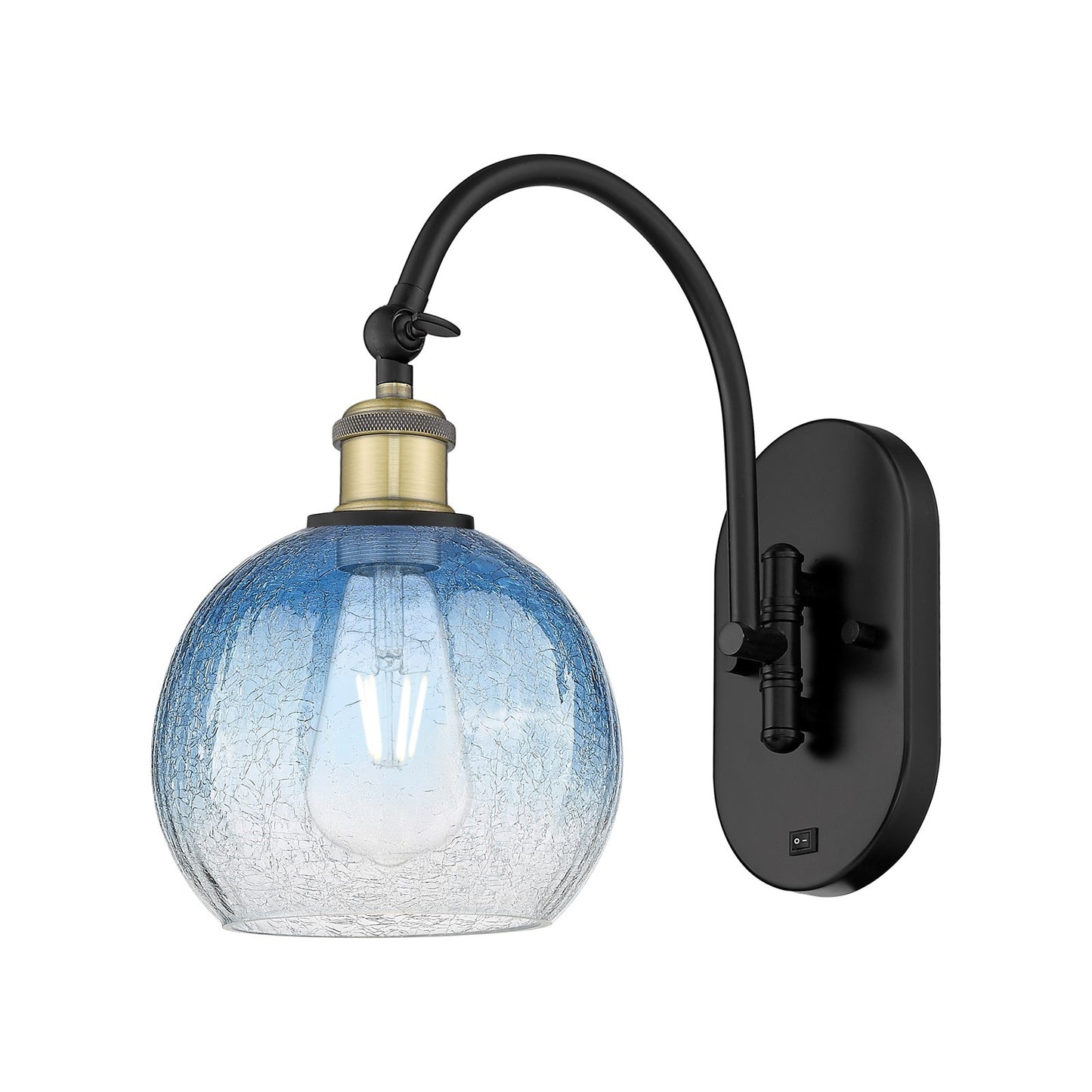 Innovations Brookhaven Globe 8in 1-Light Wall Sconce | Industrial Black Antique Brass and Sapphire Blue Glass | Bathroom & | Model 918-1W-BAB-G483-8SB