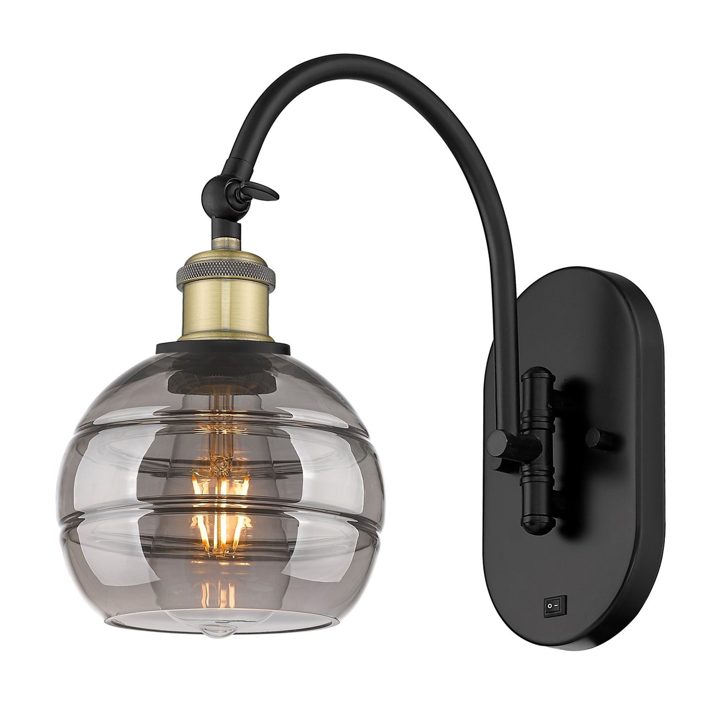 Innovations Rochester 6in 1-Light Wall Sconce | Industrial Black Antique Brass and Light Smoke Glass | Hallway & Bathroom | Model 918-1W-BAB-G556-6SM