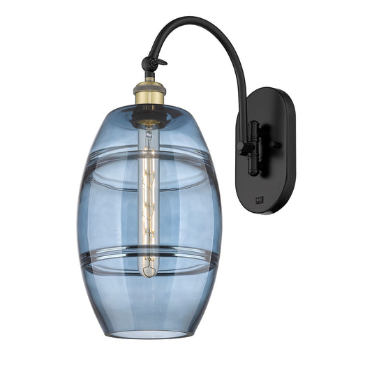Innovations Vaz 8in 1-Light Wall Sconce | Industrial Black Antique Brass and Blue Glass | Bedroom & Hallway Accent | Model 918-1W-BAB-G557-8BL