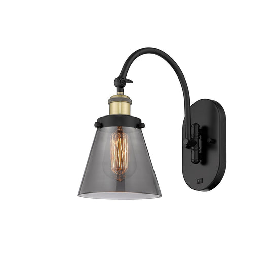 Innovations Lighting Cone 6.25in 1-Light Swing Arm Wall Sconce | Industrial Black Antique Brass Steel and Light Smoke Glass | Model 918-1W-BAB-G63