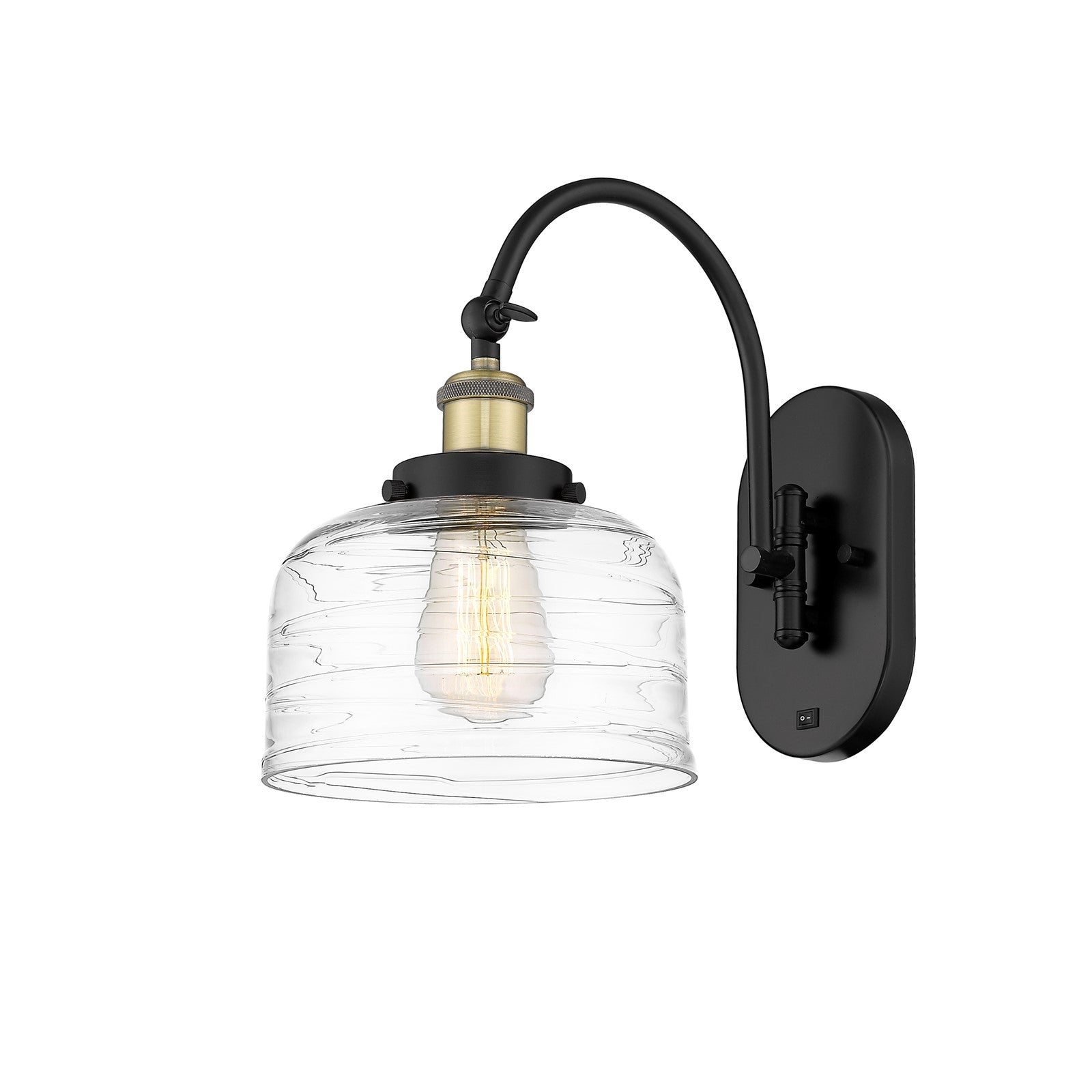Innovations Bell 8in 1-Light Swing Arm Wall Sconce | Industrial Black Antique Brass and Clear Deco Swirl Glass | Bedroom & Living | Model 918-1W-BAB-G713