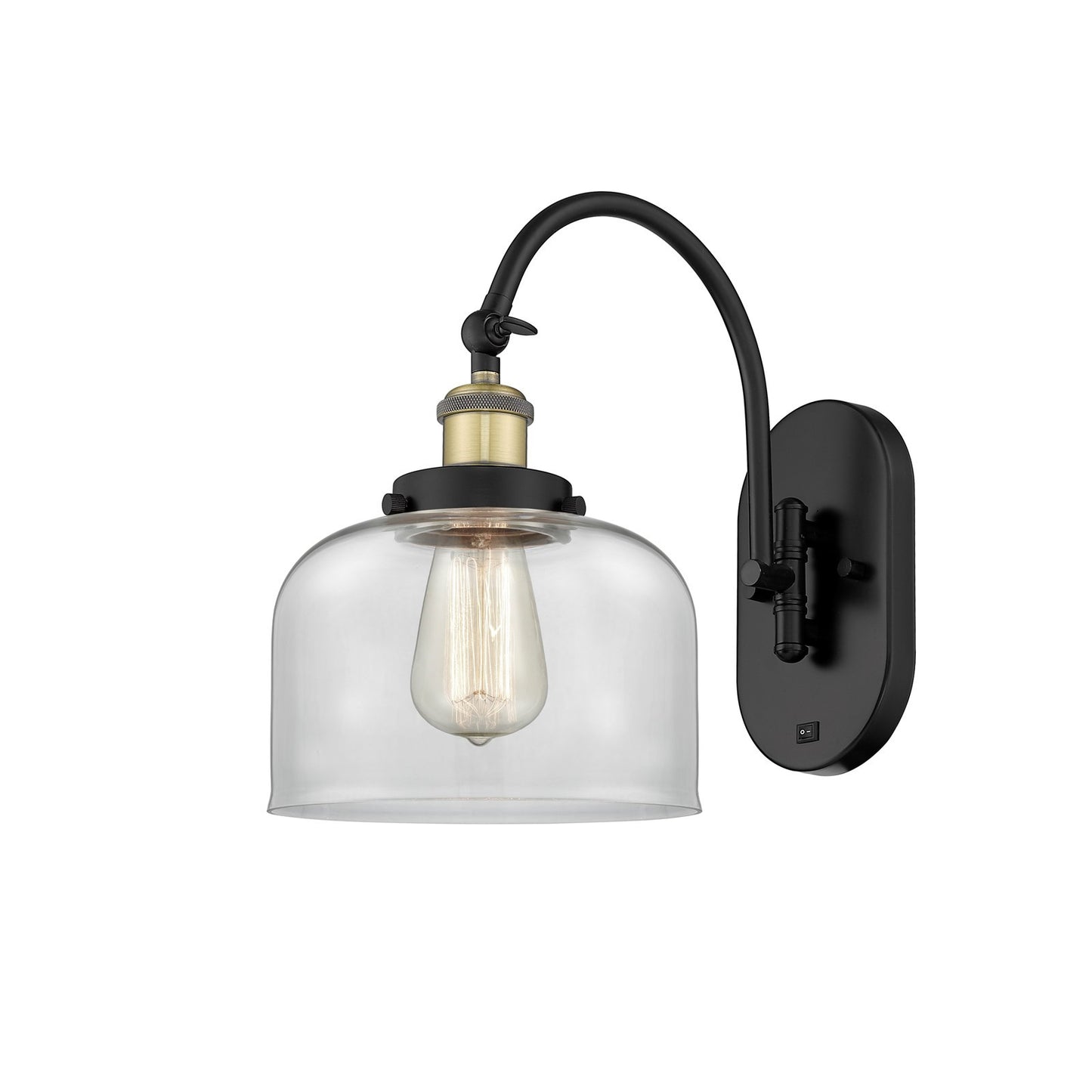 Innovations Franklin Restoration 8in 1-Light Swing Arm Lamp | Industrial Black Antique Brass and Clear Bell Glass | Living Room | Model 918-1W-BAB-G72-LED