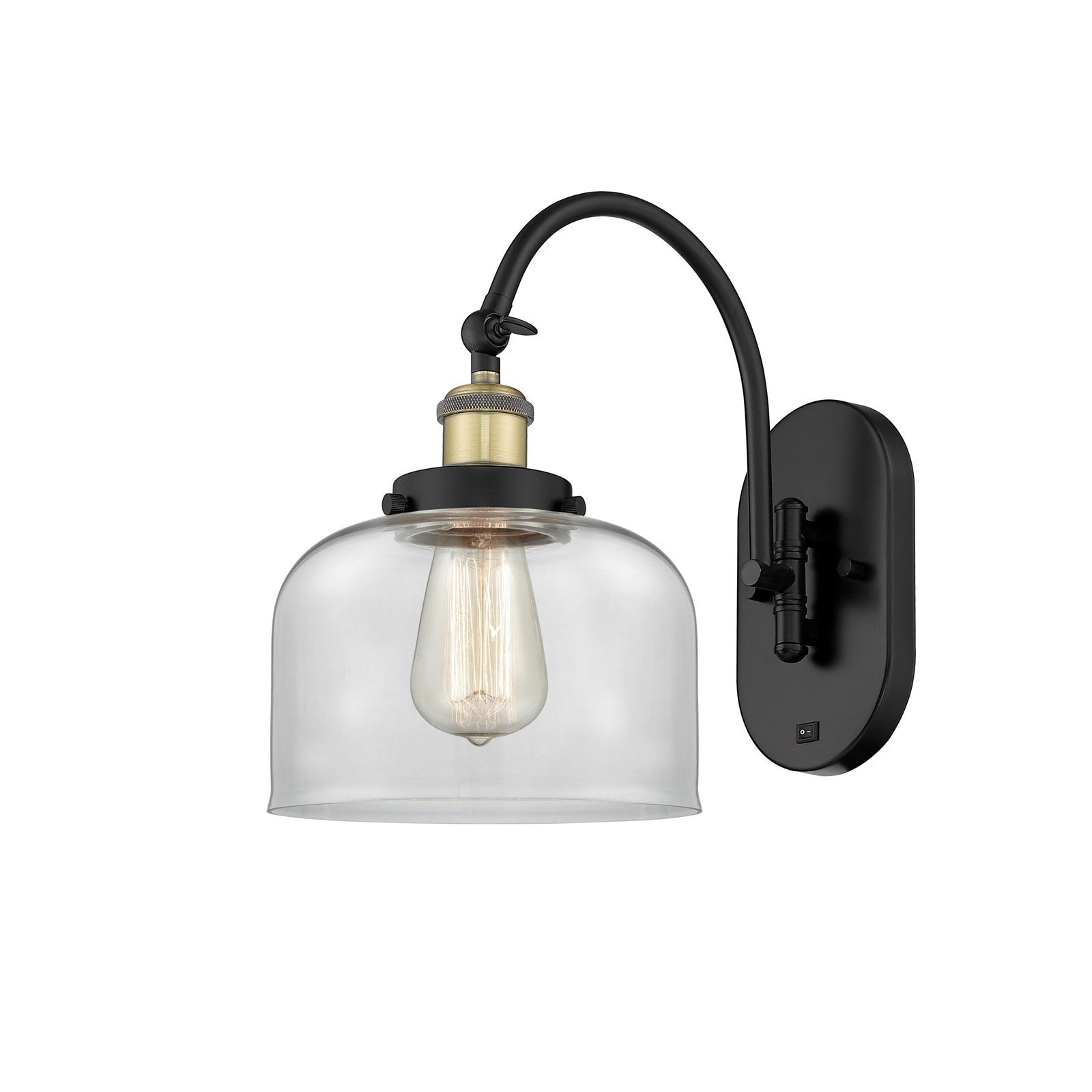 Innovations Franklin Restoration 8in 1-Light Swing Arm Lamp | Industrial Black Antique Brass and Clear Bell Glass | Living Room | Model 918-1W-BAB-G72-LED