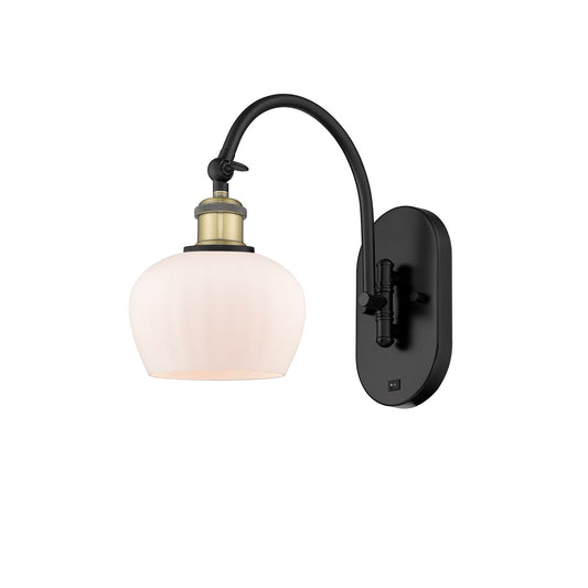 Innovations Fenton 1-Light 6.5in Wall Sconce | Industrial Black Antique Brass Steel and Matte White Ribbed Glass | Bedroom & | Model 918-1W-BAB-G91
