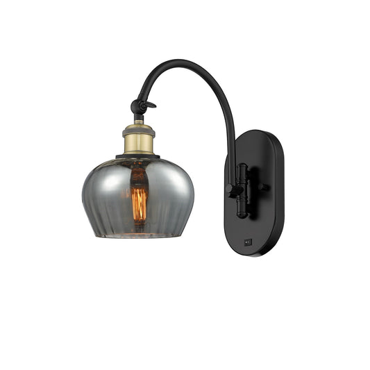 Innovations Fenton 1-Light 6.5in Wall Sconce | Industrial Black Antique Brass Steel and Light Smoke Ribbed Glass | Bedroom & | Model 918-1W-BAB-G93