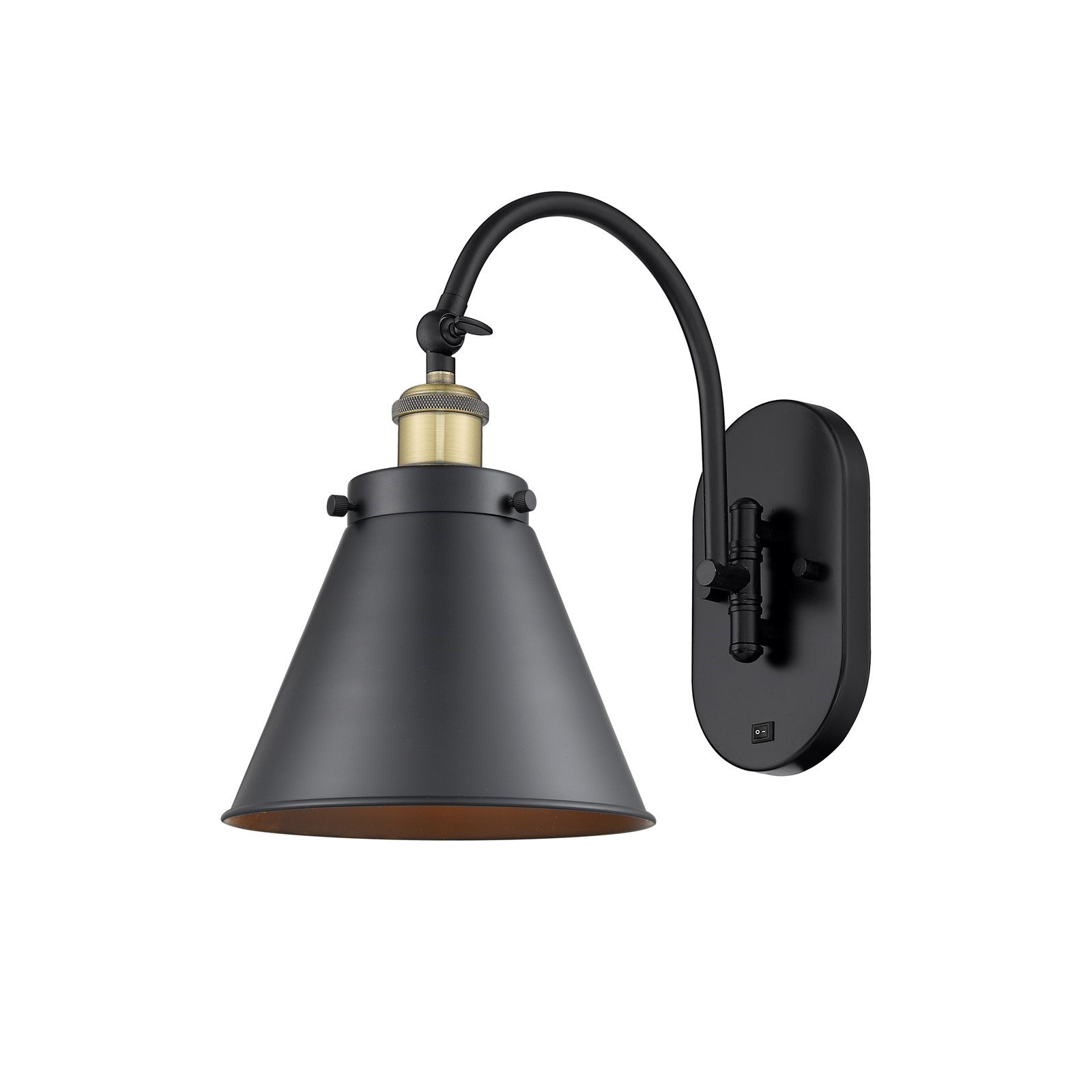 Innovations Appalachian 8in 1-Light Swing Arm Wall Sconce | Industrial Black Antique Brass and Matte Black Metal Shade | Bedroom | Model 918-1W-BAB-M13-BK