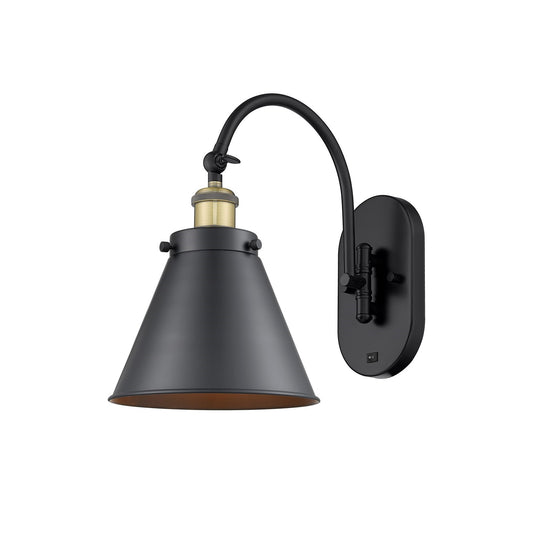 Innovations Appalachian 8in 1-Light Swing Arm Wall Sconce | Industrial Black Antique Brass and Matte Black Metal Shade | Model 918-1W-BAB-M13-BK-LED