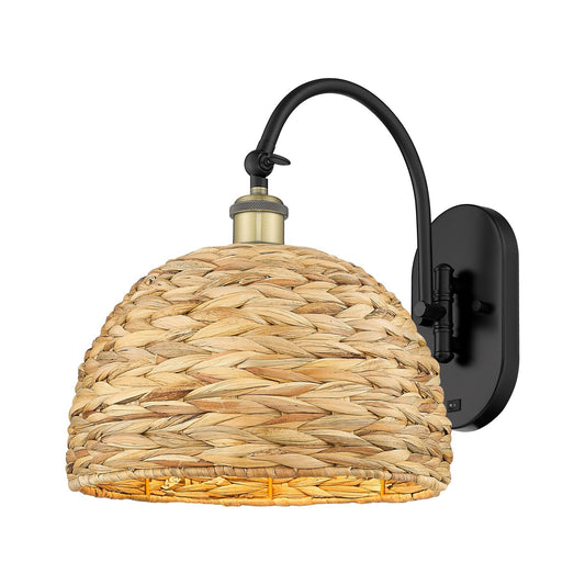 Innovations Woven Rattan 12in 1-Light Wall Sconce | Industrial Black Antique Brass and Natural Fiber Shade | Hallway & | Model 918-1W-BAB-RBD-12-NAT
