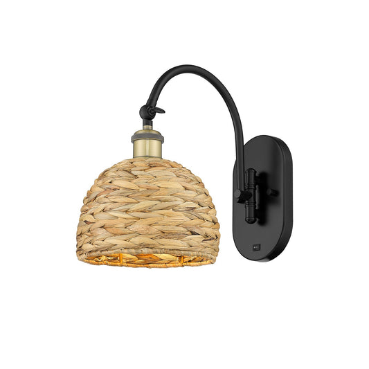 Innovations Woven Rattan 8in 1-Light Wall Sconce | Industrial Black Antique Brass and Natural Fiber Shade | Hallway & Bedroom | Model 918-1W-BAB-RBD-8-NAT