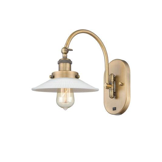 Innovations Halophane 8.5in 1-Light Swing Arm Lamp | Industrial Brushed Brass Steel and Matte White Frosted Glass | Bedroom | Model 918-1W-BB-G1-LED