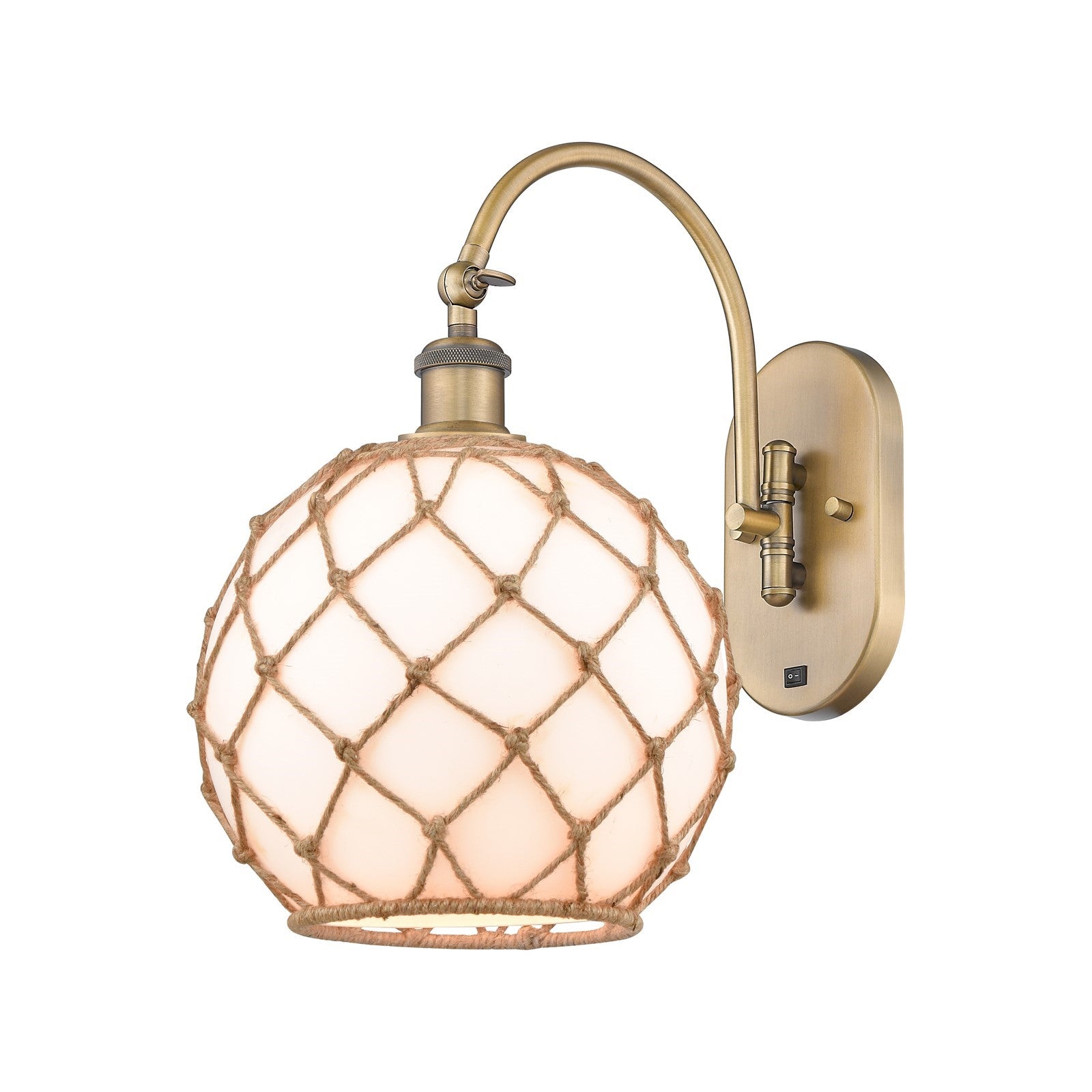 Innovations Farmhouse Rope 10in 1-Light Wall Sconce | Brushed Brass Steel and Matte White Glass with Brown Rope | Bedroom & | Model 918-1W-BB-G121-10RB