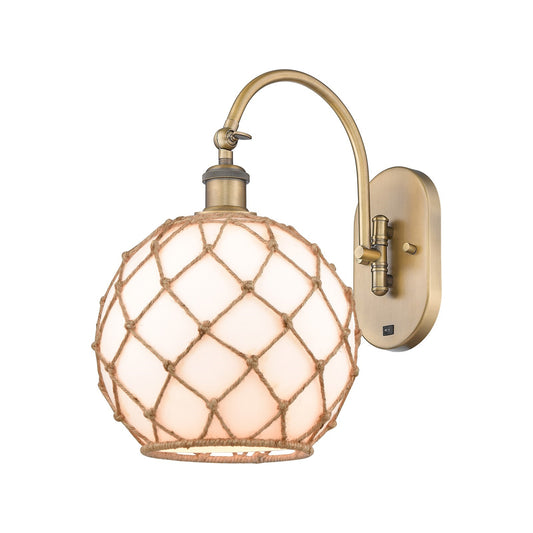 Innovations Farmhouse Rope 10in 1-Light Wall Sconce | Brushed Brass Steel and Matte White Glass with Brown Rope | Bedroom & | Model 918-1W-BB-G121-10RB
