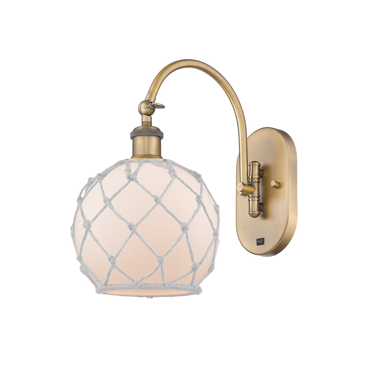 Innovations Farmhouse Rope 8in 1-Light Wall Sconce | Industrial Brushed Brass and White Glass with White Rope | Bedroom & | Model 918-1W-BB-G121-8RW