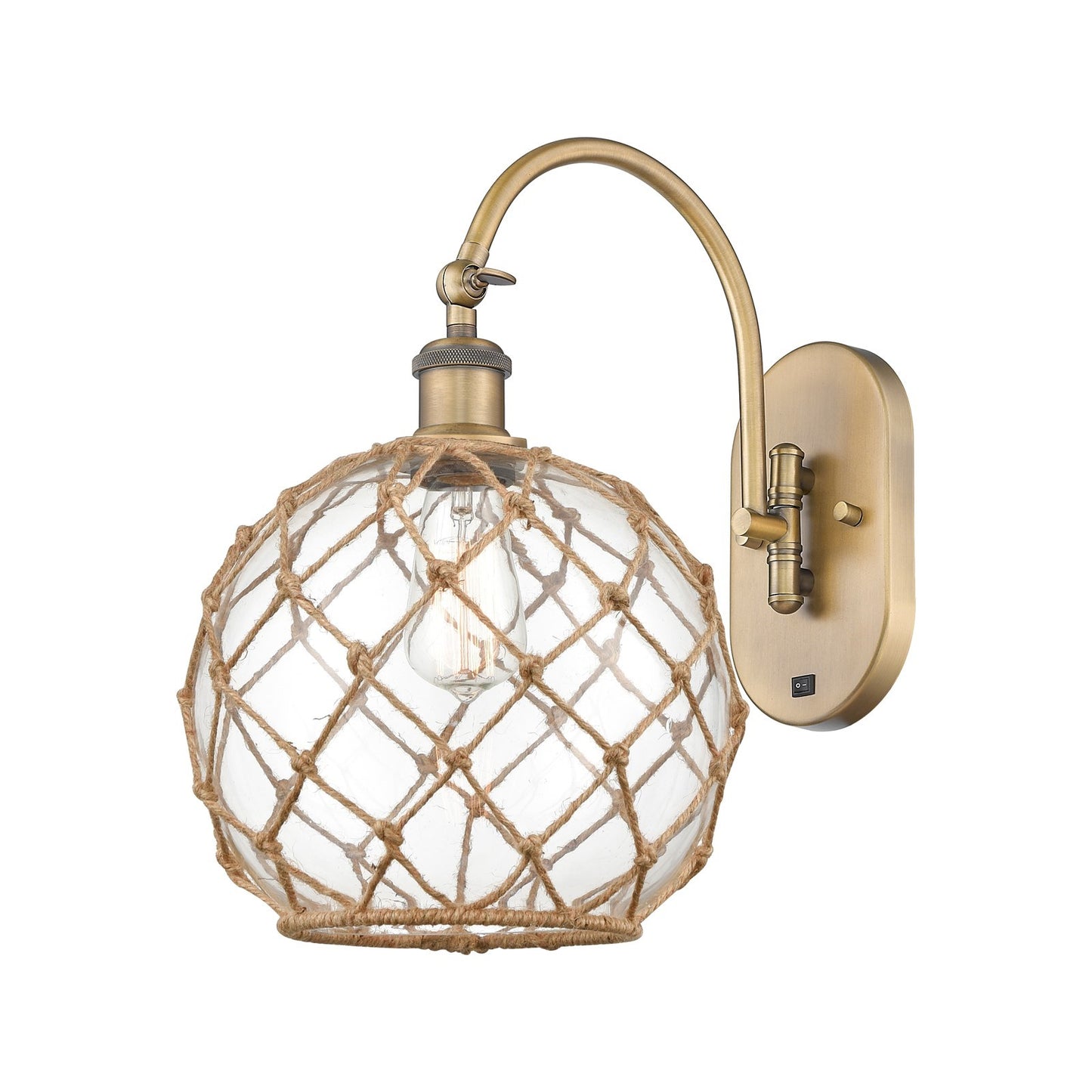 Innovations Farmhouse Rope 10in 1-Light Wall Sconce | Industrial Brushed Brass and Clear Glass with Brown Rope | Hallway & | Model 918-1W-BB-G122-10RB