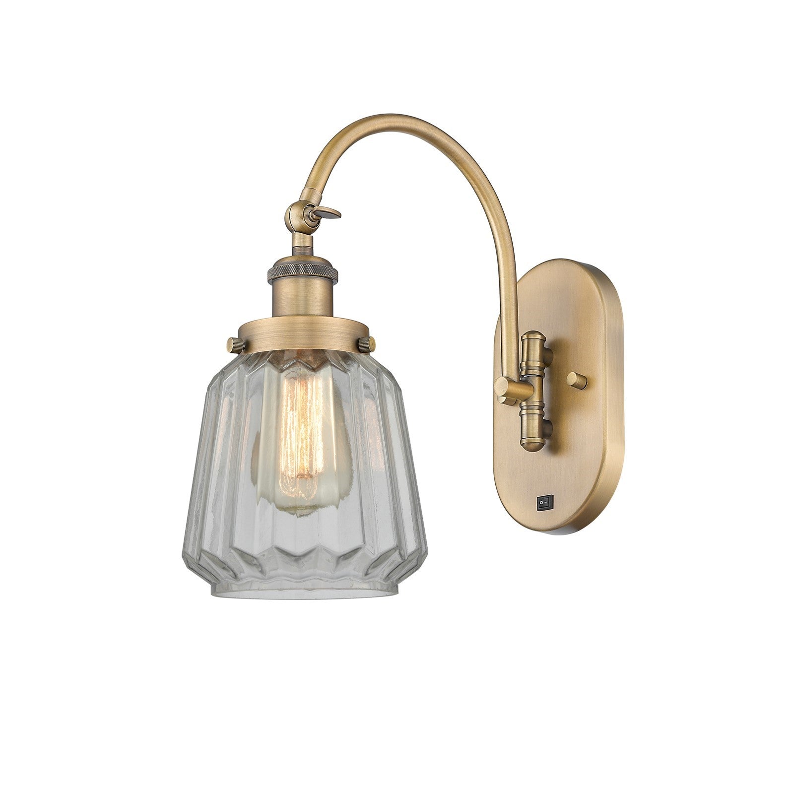 Innovations Chatham 7in 1-Light Swing Arm Lamp | Industrial Brushed Brass Steel and Clear Ribbed Glass | Bedroom & Living Room | Model 918-1W-BB-G142-LED