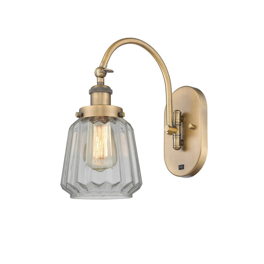 Innovations Chatham 7in 1-Light Swing Arm Lamp | Industrial Brushed Brass Steel and Clear Ribbed Glass | Bedroom & Living Room | Model 918-1W-BB-G142-LED