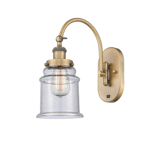 Innovations Canton 1-Light Swing Arm Wall Sconce | Industrial Brushed Brass Steel and Seedy Glass | Bedroom & Living Room Reading | Model 918-1W-BB-G184