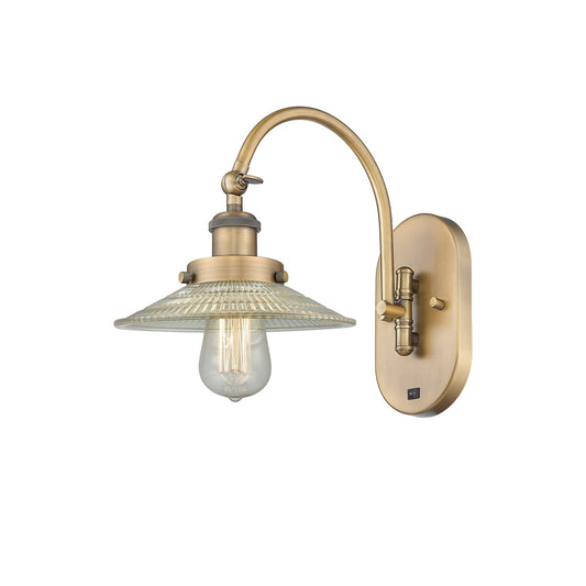 Innovations Halophane 9in 1-Light Swing Arm Lamp | Industrial Brushed Brass Steel and Clear Halophane Glass | Bedroom Reading & | Model 918-1W-BB-G2