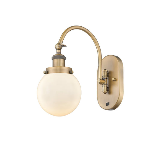 Innovations Beacon 6in 1-Light LED Swing Arm Lamp | Industrial Brushed Brass Steel and Matte White Frosted Glass | Bedroom | Model 918-1W-BB-G201-6-LED