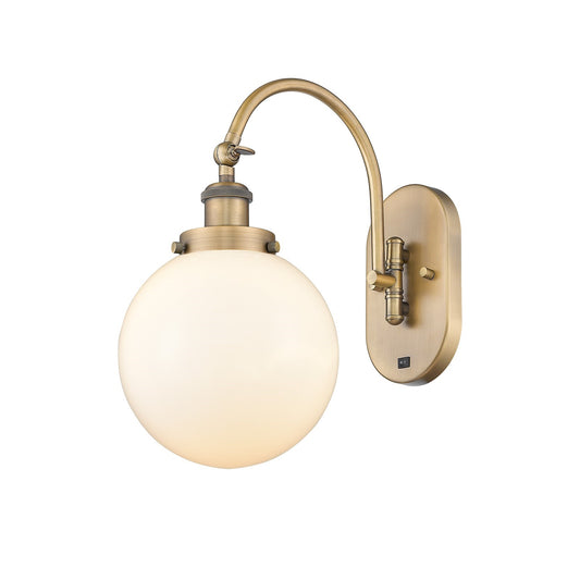 Innovations Beacon 8in 1-Light Swing Arm Lamp | Industrial Brushed Brass Steel and Matte White Frosted Glass | Bedroom & | Model 918-1W-BB-G201-8-LED