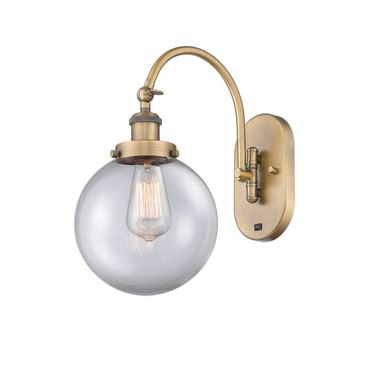 Innovations Beacon 8in 1-Light Swing Arm Lamp | Industrial Brushed Brass Steel and Clear Glass | Bedroom & Living Room | Model 918-1W-BB-G202-8-LED