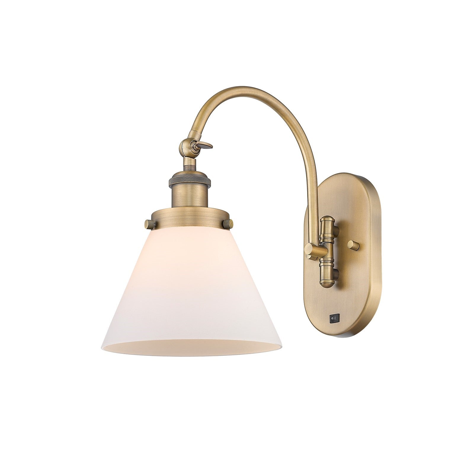 Innovations Cone 8in 1-Light Swing Arm Lamp | Industrial Brushed Brass Steel and Matte White Frosted Glass | Bedroom & Living | Model 918-1W-BB-G41-LED