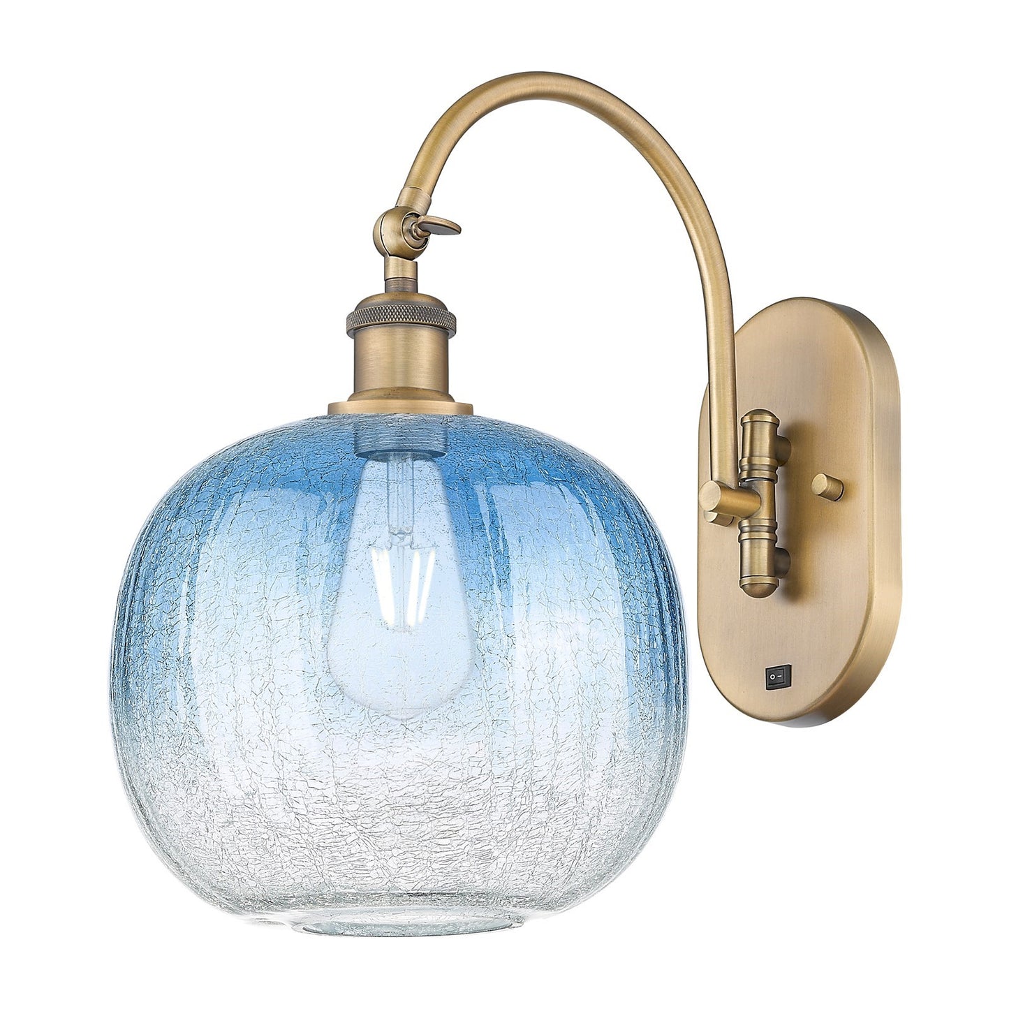Innovations Brookhaven Sphere 10.5in 1-Light Wall Sconce | Industrial Brushed Brass and Sapphire Blue Glass | Hallway & | Model 918-1W-BB-G481-10SB