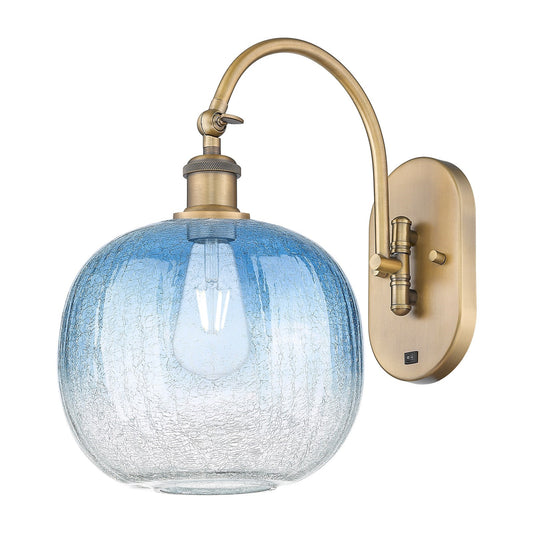 Innovations Brookhaven Sphere 10.5in 1-Light Wall Sconce | Industrial Brushed Brass and Sapphire Blue Glass | Hallway & | Model 918-1W-BB-G481-10SB