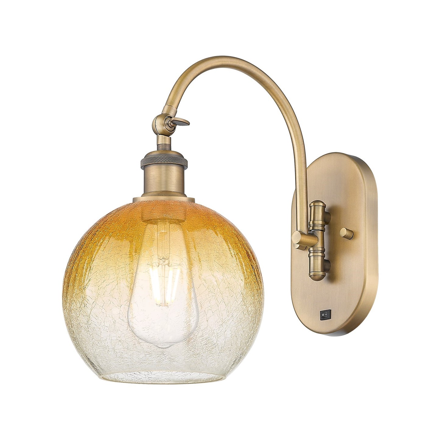 Innovations Brookhaven Globe 7.88in 1-Light Wall Sconce | Industrial Brushed Brass and Amber Glass | Hallway & Bathroom Accent | Model 918-1W-BB-G483-8AM