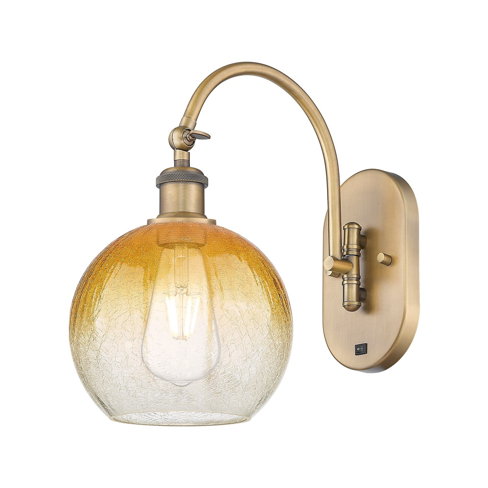 Innovations Brookhaven Globe 7.88in 1-Light Wall Sconce | Industrial Brushed Brass and Amber Glass | Hallway & Bathroom Accent | Model 918-1W-BB-G483-8AM