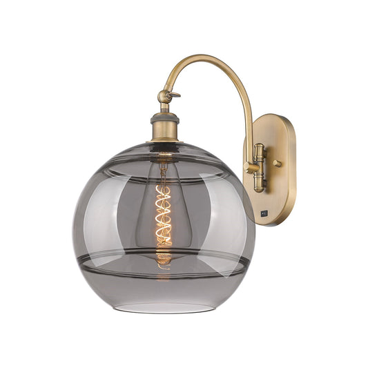 Innovations Rochester 12in 1-Light Wall Sconce | Industrial Brushed Brass and Light Smoke Glass | Bedroom & Hallway Accent | Model 918-1W-BB-G556-12SM