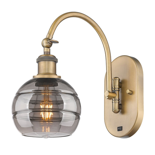 Innovations Rochester 6in 1-Light Wall Sconce | Industrial Brushed Brass and Light Smoke Glass | Bathroom & Hallway Accent | Model 918-1W-BB-G556-6SM