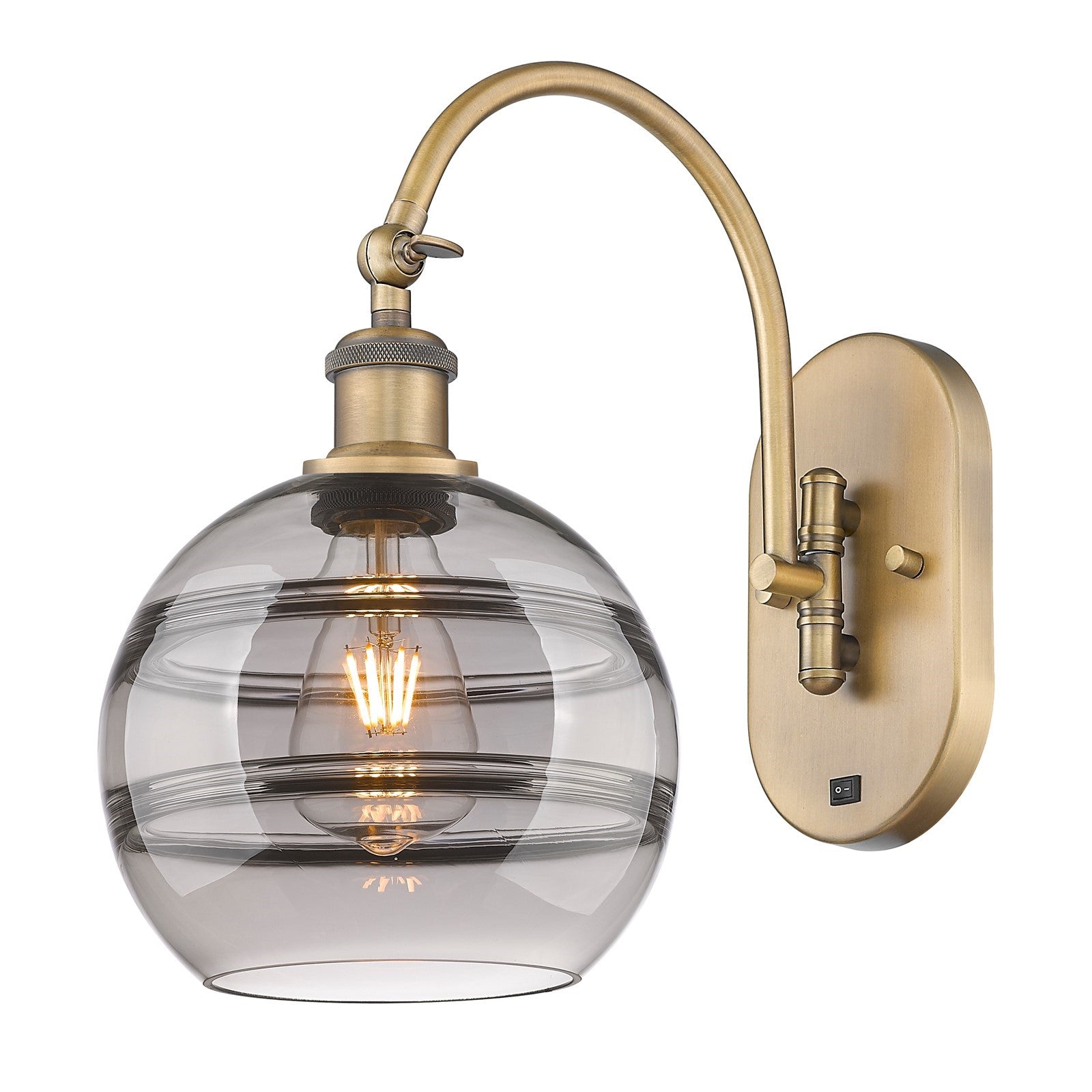 Innovations Rochester 8in 1-Light Wall Sconce | Industrial Brushed Brass and Light Smoke Glass | Bedroom & Hallway Accent | Model 918-1W-BB-G556-8SM