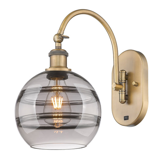 Innovations Rochester 8in 1-Light Wall Sconce | Industrial Brushed Brass and Light Smoke Glass | Bedroom & Hallway Accent | Model 918-1W-BB-G556-8SM