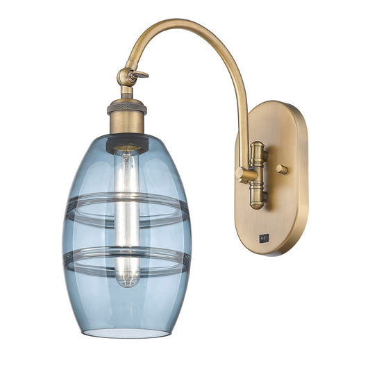 Innovations Vaz 6in 1-Light Wall Sconce | Industrial Brushed Brass and Blue Glass | Bedroom & Hallway Accent | Model 918-1W-BB-G557-6BL