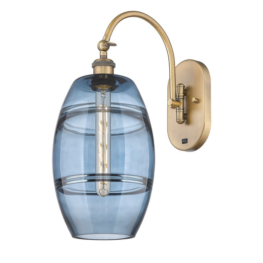 Innovations Vaz 8in 1-Light Wall Sconce | Industrial Brushed Brass and Blue Glass | Bedroom & Hallway Accent Light | Model 918-1W-BB-G557-8BL