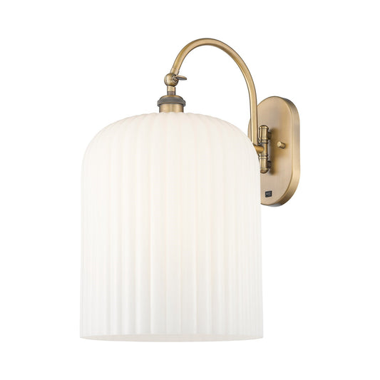 Innovations Bridal Veil 12in 1-Light Wall Sconce | Industrial Brushed Brass and Gloss White Ribbed Glass | Bedroom & Hallway | Model 918-1W-BB-G559-12GWH