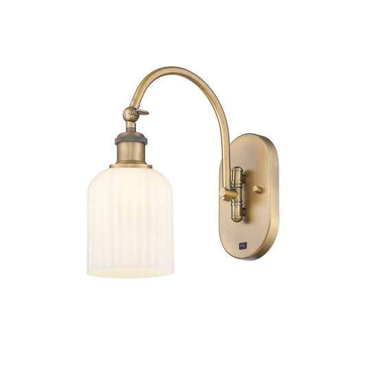 Innovations Bridal Veil 5in 1-Light Wall Sconce | Industrial Brushed Brass and Gloss White Ribbed Glass | Hallway & Bathroom | Model 918-1W-BB-G559-5GWH