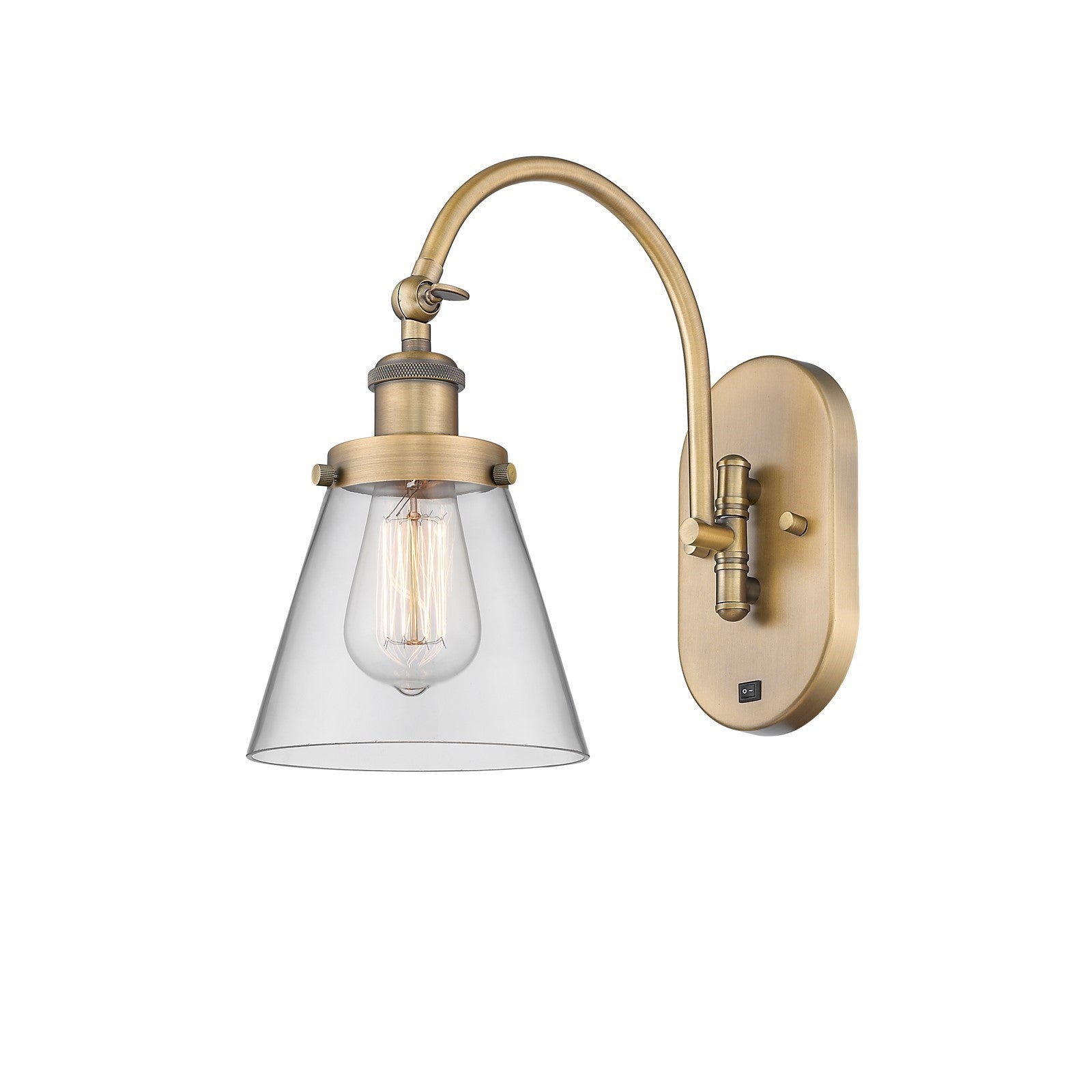 Innovations Cone 6.25in 1-Light Swing Arm Wall Sconce | Industrial Brushed Brass and Clear Glass | Bedroom & Living Room Reading | Model 918-1W-BB-G62