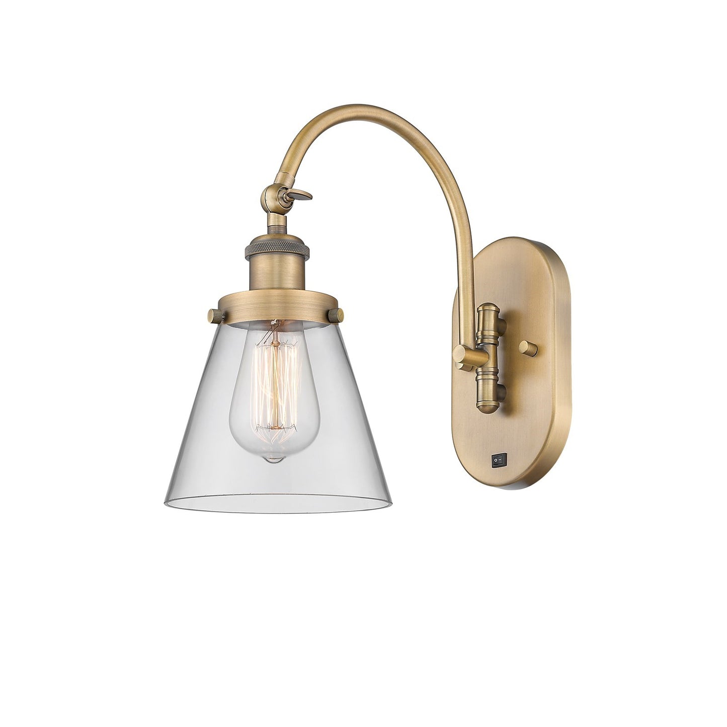 Innovations Cone 6.25in 1-Light Swing Arm Wall Sconce | Industrial Brushed Brass and Clear Glass | Bedroom & Living Room Reading | Model 918-1W-BB-G62-LED
