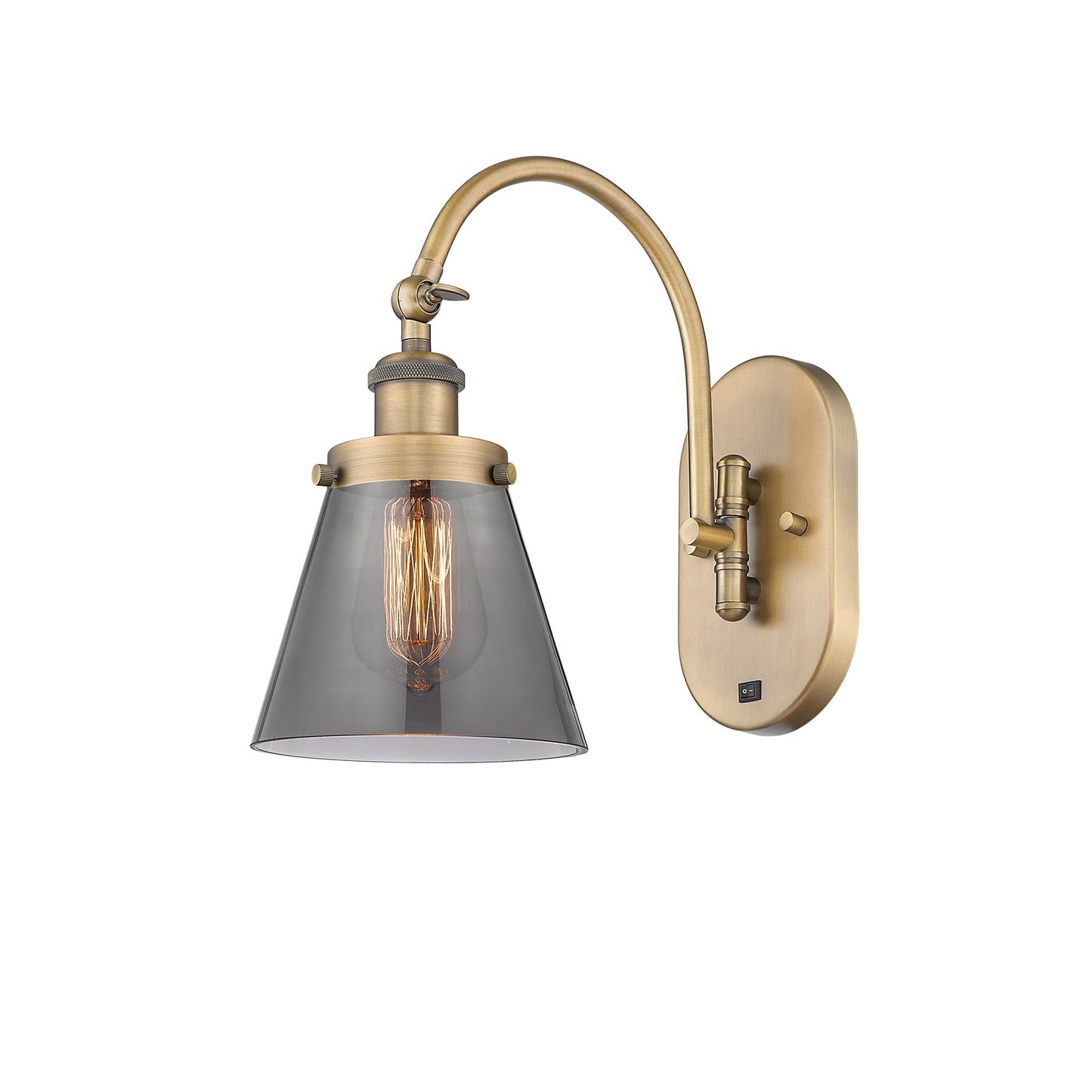 Innovations Cone 6.25in 1-Light Swing Arm Wall Sconce | Industrial Brushed Brass and Light Smoke Glass | Bedroom & Living Room | Model 918-1W-BB-G63-LED