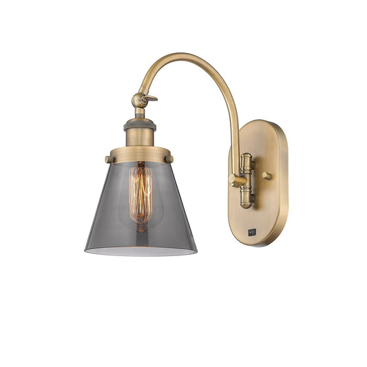 Innovations Cone 6.25in 1-Light Swing Arm Wall Sconce | Industrial Brushed Brass and Light Smoke Glass | Bedroom & Living Room | Model 918-1W-BB-G63-LED