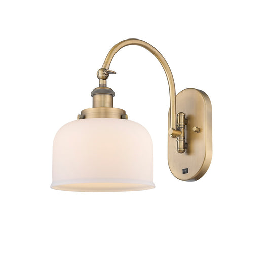 Innovations Bell 8in 1-Light Swing Arm Wall Sconce | Industrial Brushed Brass and Matte White Frosted Glass | Bedroom & Living Room | Model 918-1W-BB-G71