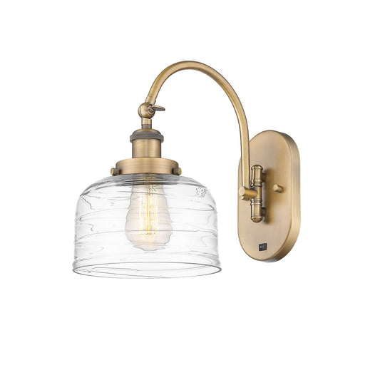 Innovations Bell 8in 1-Light Swing Arm Wall Sconce | Industrial Brushed Brass and Clear Deco Swirl Glass | Bedroom & Living Room | Model 918-1W-BB-G713