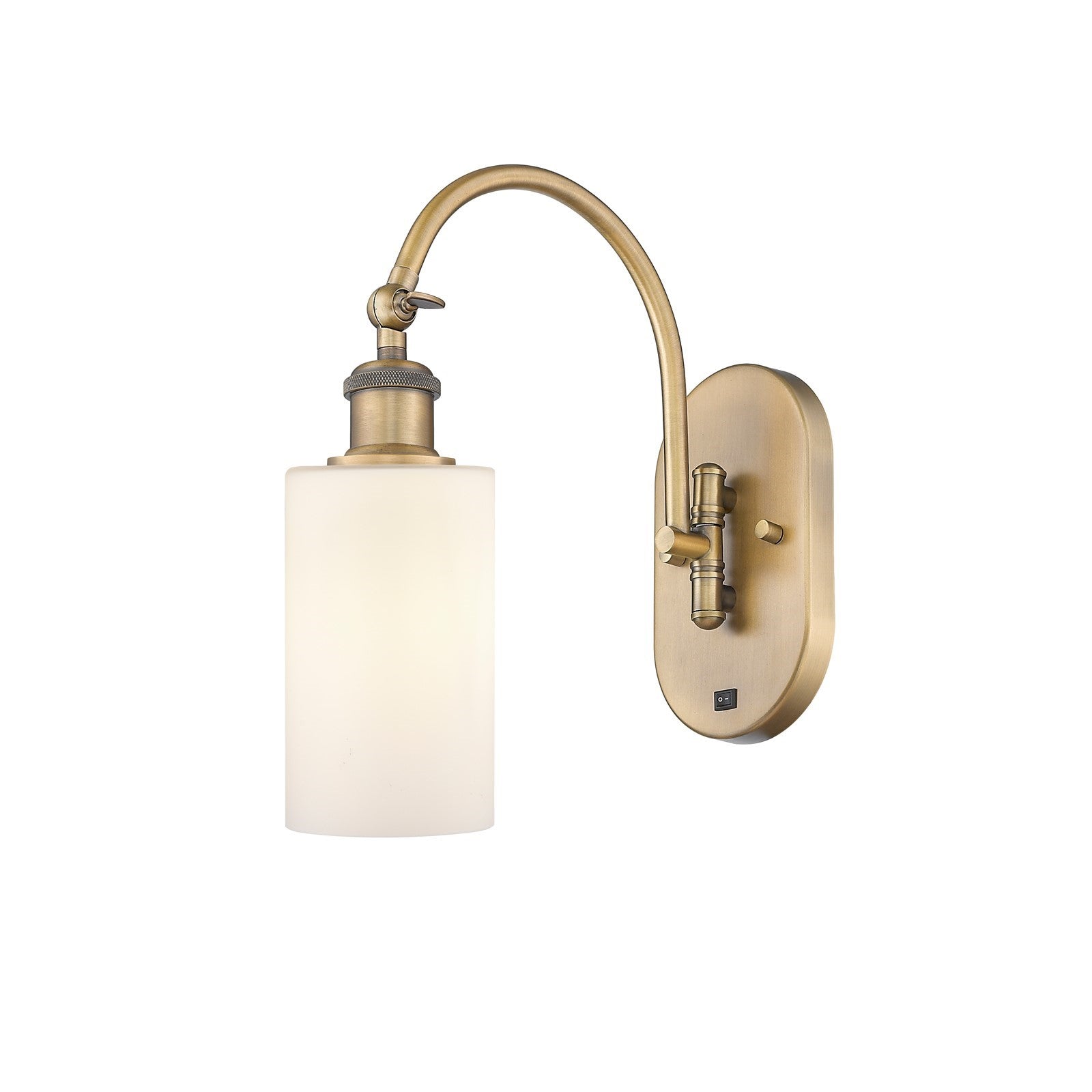Innovations Clymer 4in 1-Light Wall Sconce | Industrial Modern Brushed Brass and Matte White Glass | Bedroom & Hallway Accent Light | Model 918-1W-BB-G801