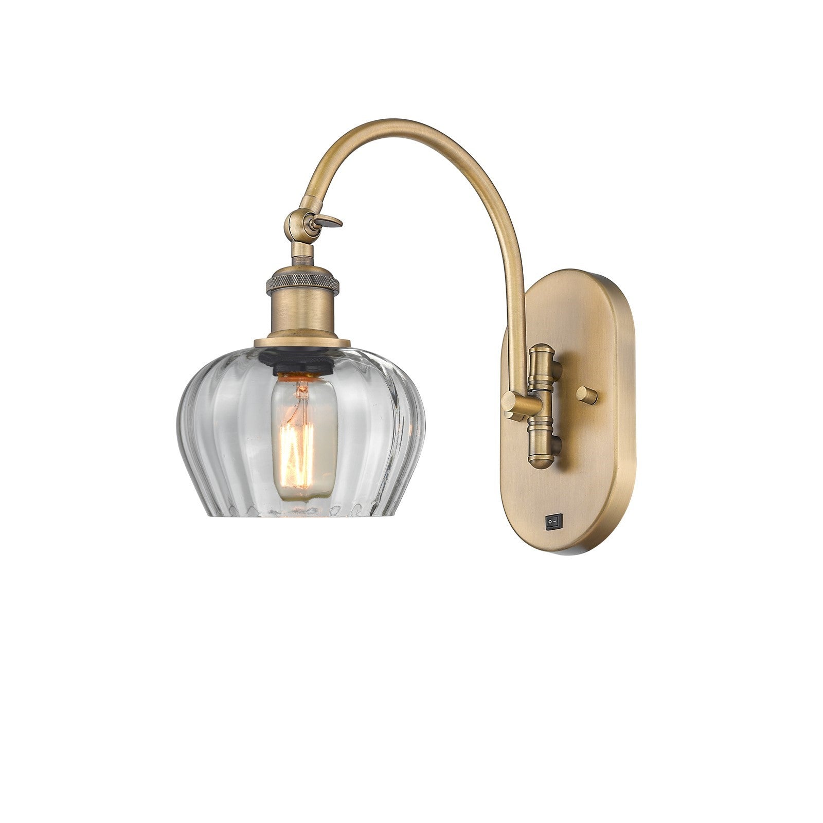 Innovations Fenton 1-Light Wall Sconce | Industrial Brushed Brass Steel and Clear Ribbed Glass | Hallway & Bathroom Accent | Model 918-1W-BB-G92